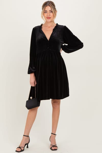 PinkBlush Black Velvet Button Up V-Neck Maternity Dress