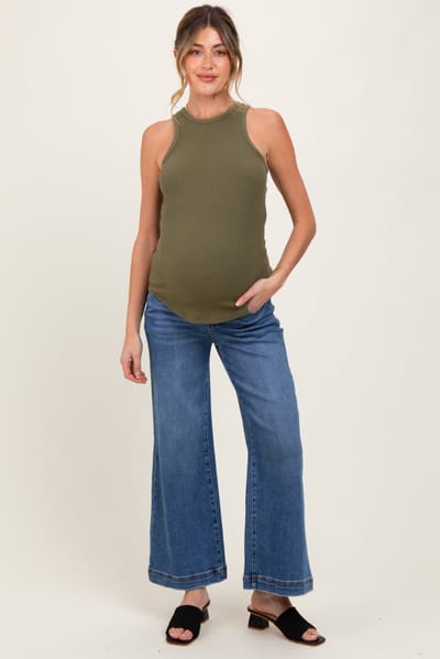 Risen Jeans Blue Yoke Detail Ankle Wide Leg Maternity Jeans