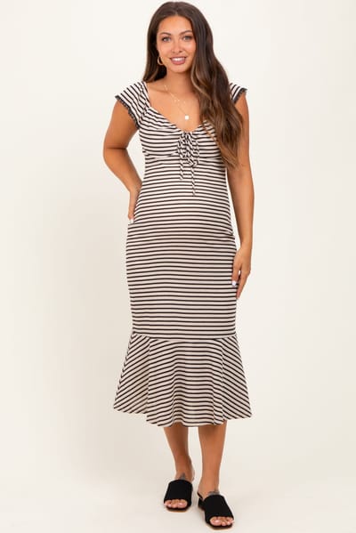 PinkBlush Beige Striped Front Tie Lace Trim Fitted Maternity Midi Dress
