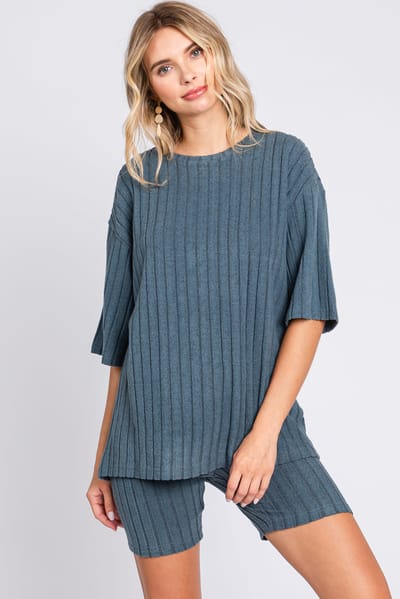 Charmo Blue Ribbed Soft Short Sleeve Shorts Set