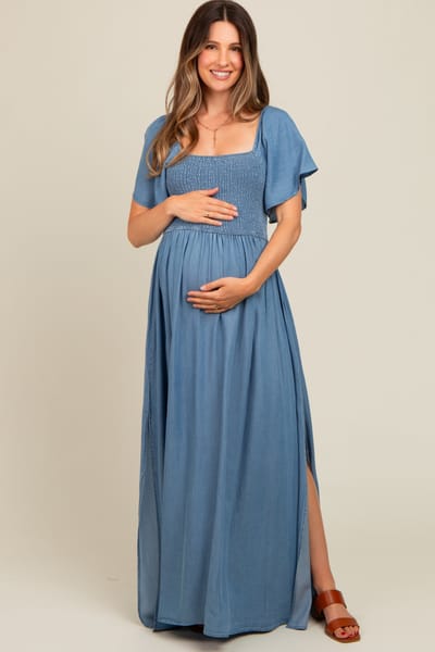 ZiA Apparel Light Blue Chambray Smocked Maternity Maxi Dress