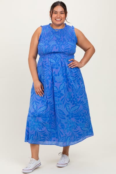 Sugarlips Royal Blue Floral Smocked Sleeveless Plus Midi Dress