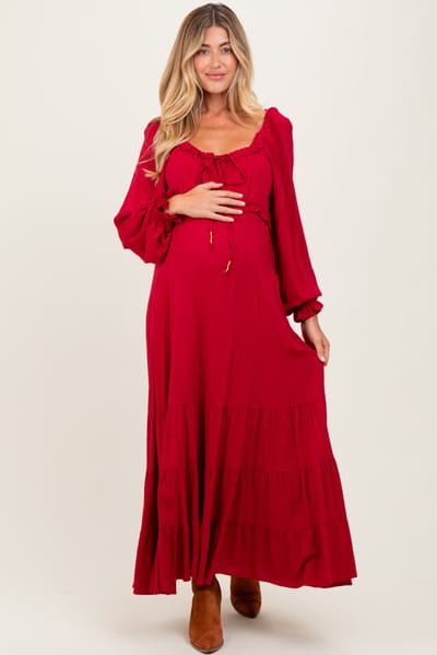 PinkBlush Red Ruffled Fit And Flare Maternity Maxi Dress
