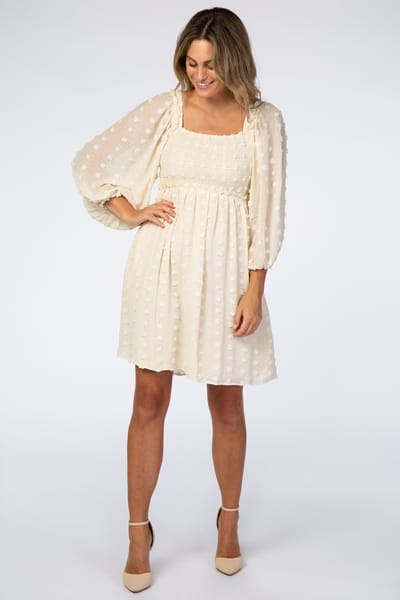 Listicle Beige Textured Dot Smocked Square Neck Chiffon Dress