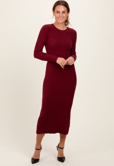 ABLE Burgundy Ribbed Knit Fitted Midi Sweater Dress
