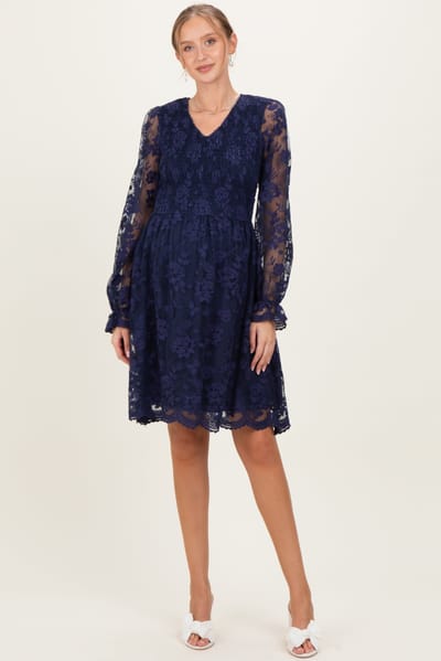 PinkBlush Navy Embroidered Lace Smocked Long Sleeve Maternity Dress