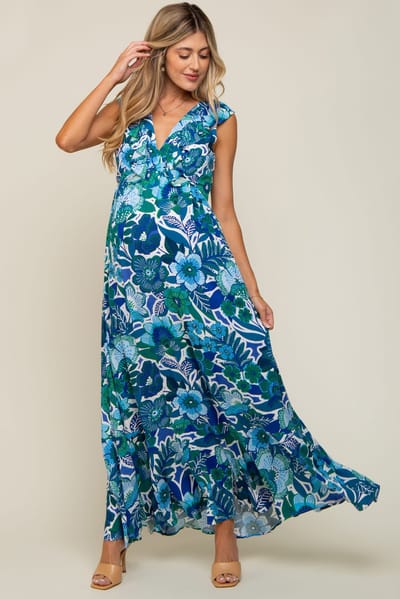 PinkBlush Blue Floral Ruffle Accent Sleeveless Maternity Maxi Dress