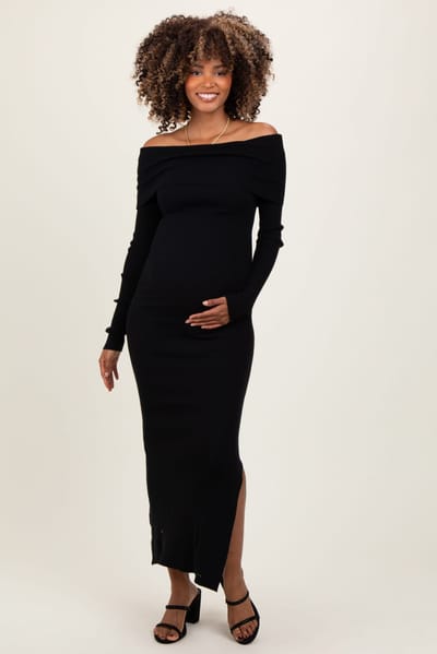 PinkBlush Black Ribbed Knit Off Shoulder Side Slit Maternity Sweater Dress