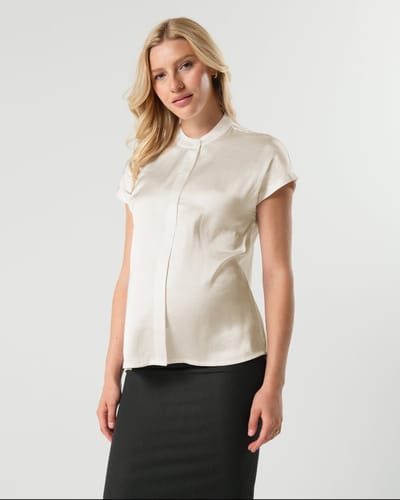 Milk & Baby Short Sleeve Satin Maternity Shell Top with Concealed Nursing Zip