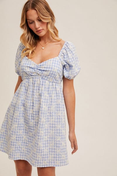Hem & Thread Light Blue Embroidered Gingham Sweetheart Neck Mini Dress