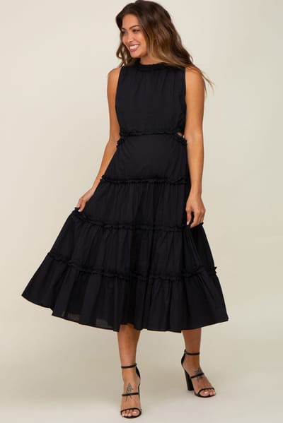 PinkBlush Black Tiered Ruffle Cutout Maternity Midi Dress