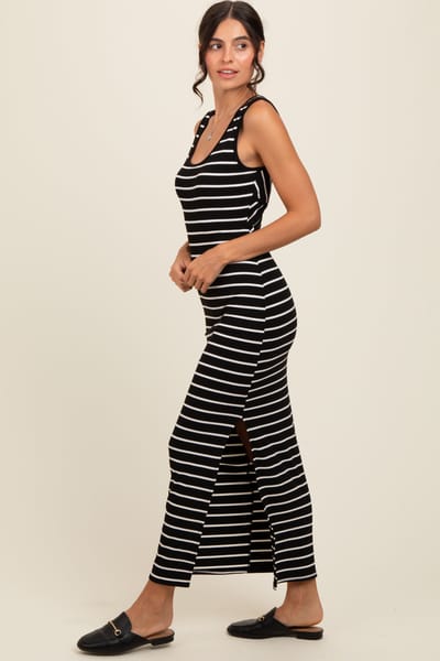 Rhea + Thea Black Striped Ribbed Open Back Maxi Dress