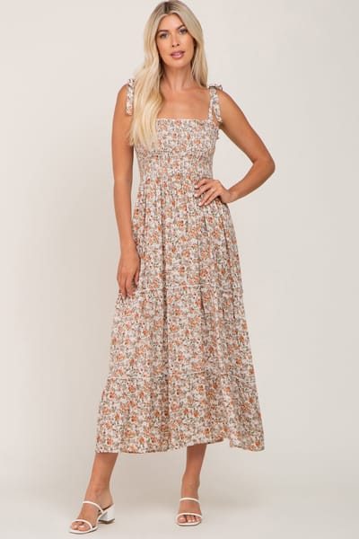 Elloh Beige Floral Sleeveless Tiered Maxi Dress