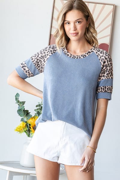 7th Ray Blue Ribbed Animal Print Contrast Short Sleeve Top