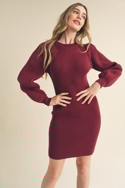 &merci Burgundy Bubble Sleeve Sweater Dress
