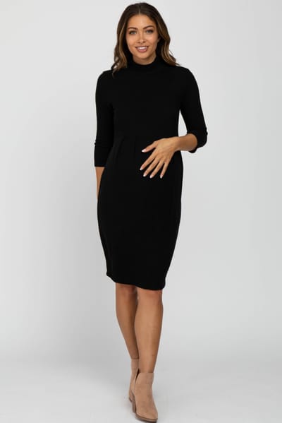 Hello Miz Black Brushed Mock Neck Fitted Maternity Dress