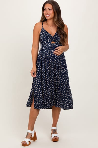 Angie Navy Floral Twist Front Cut Out Maternity Midi Dress