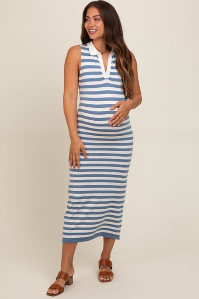 PinkBlush Blue Striped Fitted Maternity Polo Midi Dress