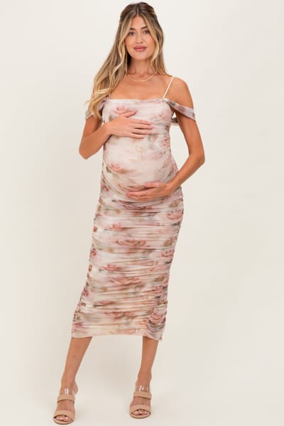 Privy Cream Rose Floral Mesh Ruched Off Shoulder Maternity Midi Dress