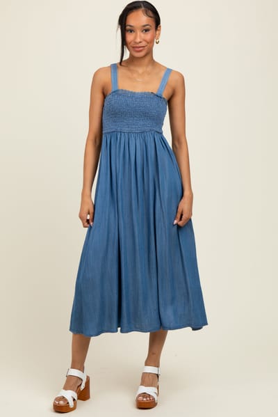 So Me Blue Smocked Chambray Tie Back Cutout Midi Dress