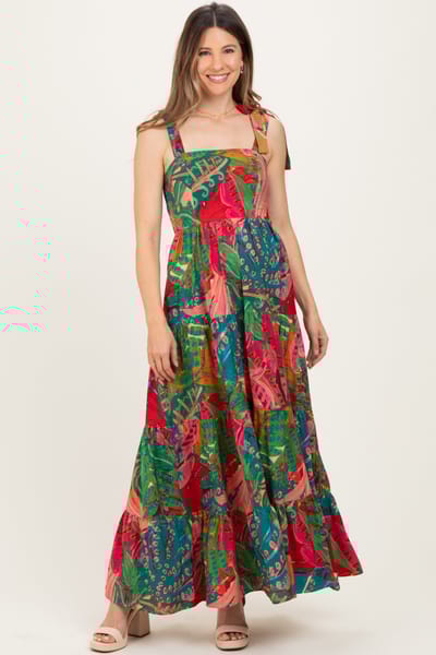 PinkBlush Green Printed Shoulder Tie Tiered Maternity Maxi Dress