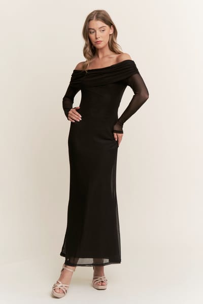 Sweet Generis Black Mesh Off Shoulder Long Sleeve Maxi Dress