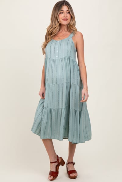 PinkBlush Light Olive Dot Stripe Tiered Maternity Midi Dress