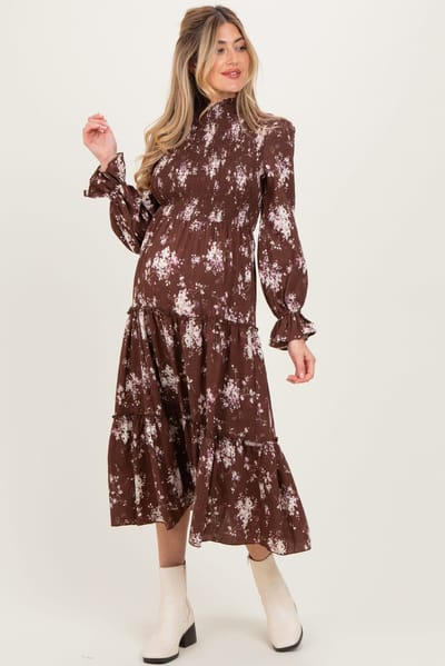 PinkBlush Brown Floral Smocked Ruffle Tier Maternity Midi Dress