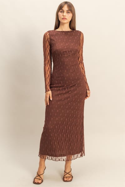 Hyfve Brown Lace Overlay Fitted Maxi Dress