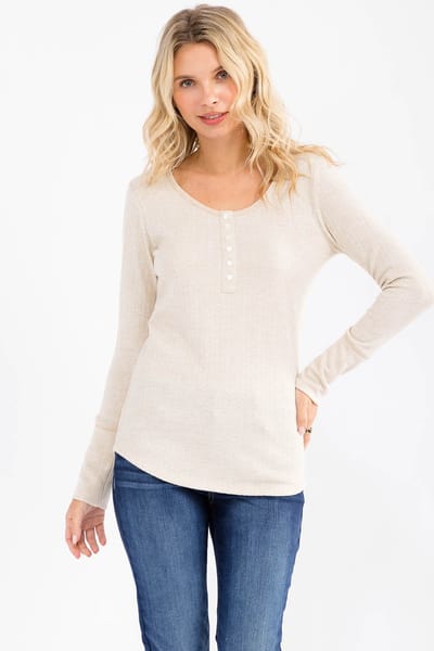 7th Ray Oatmeal Pointelle Knit Henley Top