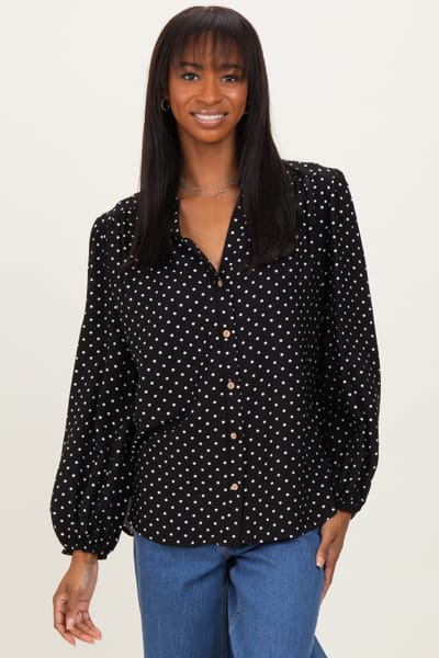 Rhea + Thea Black Polka Dot Long Sleeve Button Down V-Neck Top
