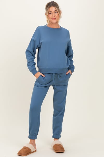 Zenana Outfitters Dusty Blue Fleece Long Sleeve Maternity Pullover & Jogger Set