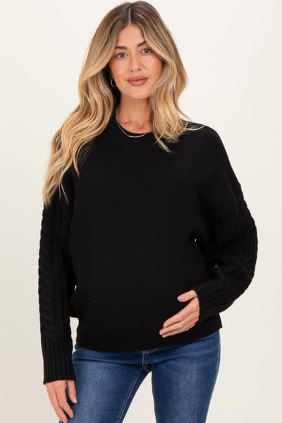 PinkBlush Black Cable Knit Sleeve Round Neck Maternity Sweater