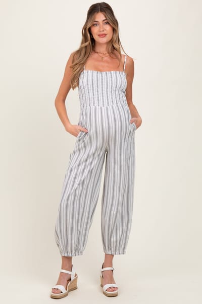 PinkBlush Cream Smocked Striped Balloon Maternity Jumpsuit