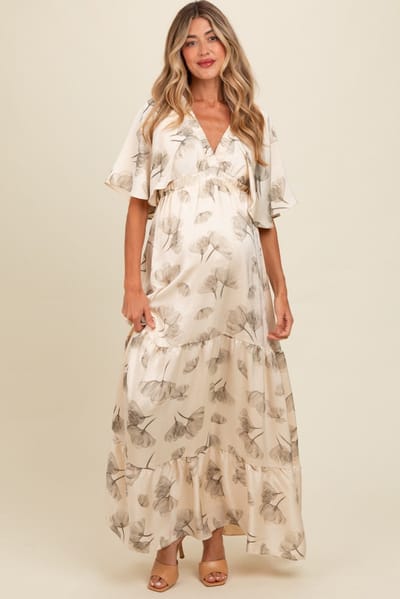 Rhea + Thea Cream Floral Deep V-Neck Maternity Maxi Dress