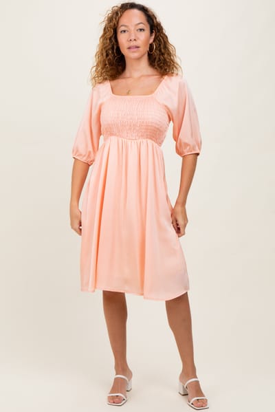 Chris & Carol Peach Satin Smocked Midi Dress