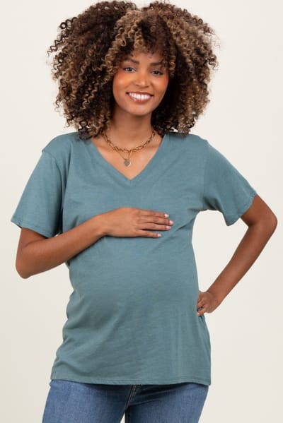 Zenana Outfitters Light Olive Oversized V-Neck Short Sleeve Maternity Tee