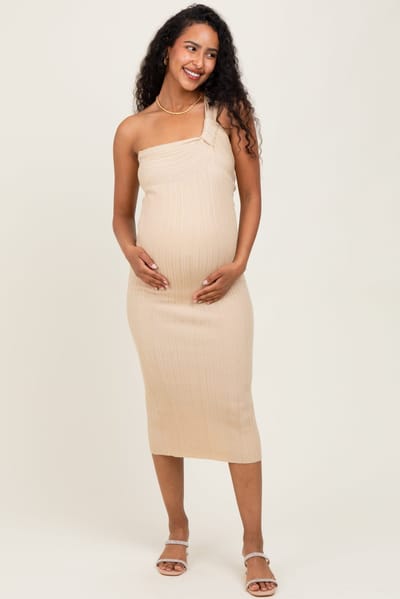 PinkBlush Beige Metallic Ribbed Knit One Strap Maternity Midi Dress