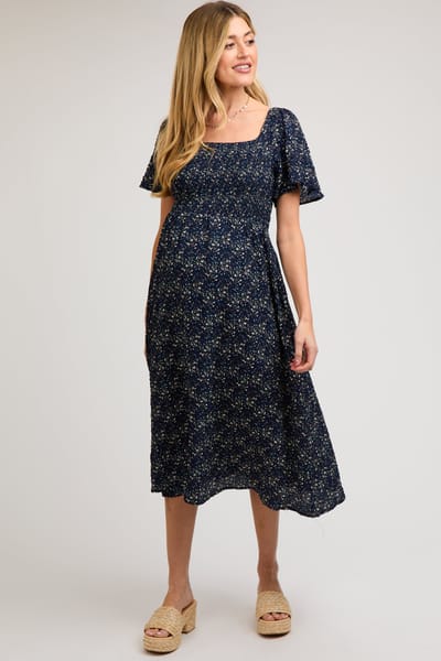 Lime N Chili Navy Floral Square Neck Smocked Maternity Midi Dress