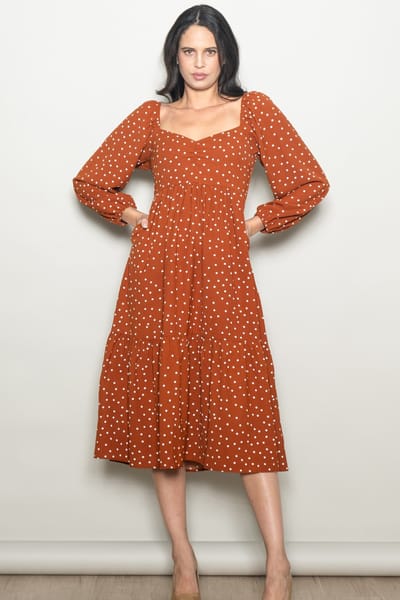 Elloh Rust Polka Dots Sweetheart Neck Midi Dress