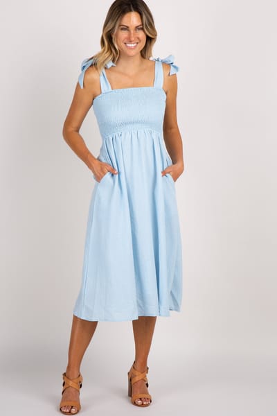 Listicle Light Blue Strap Tie Smocked Dress