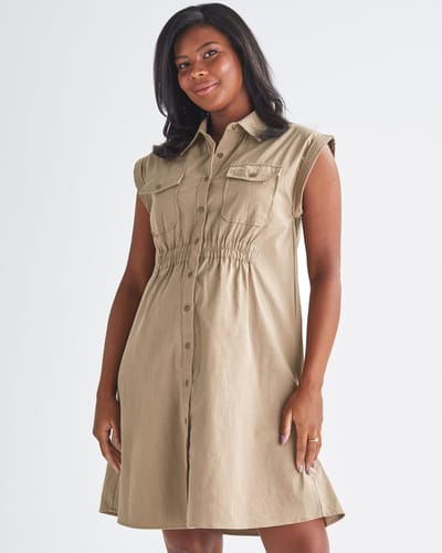 Angel Maternity Kaya Maternity Safari Shirt Dress In Beige