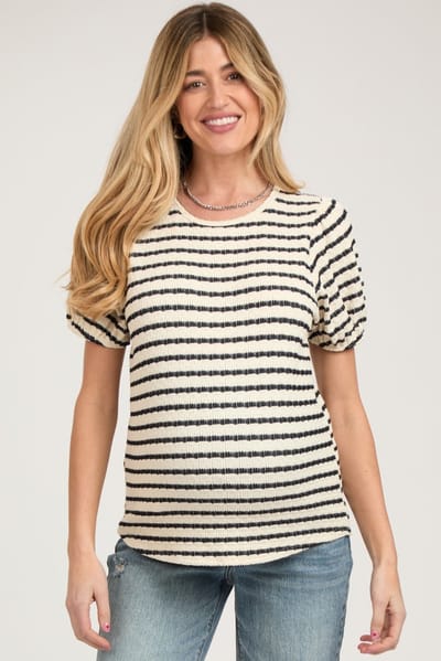 Rhea + Thea Black Striped Textured Puff Sleeve Maternity Top