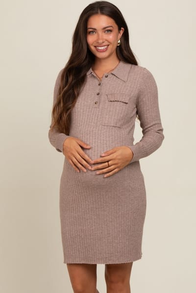 Bluivy Mocha Ribbed Knit Henley Maternity Dress