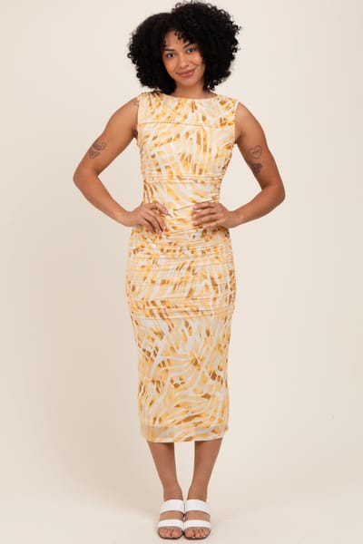 Flying Tomato Yellow Printed Ruched Sleeveless Midi Dress