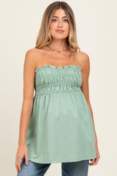 PinkBlush Light Olive Linen Ruched Strapless Tube Tunic Maternity Top