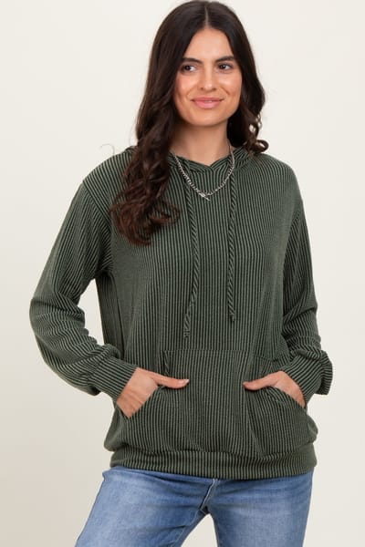 Lovely Melody Olive Ribbed Basic Drawstring Hoodie