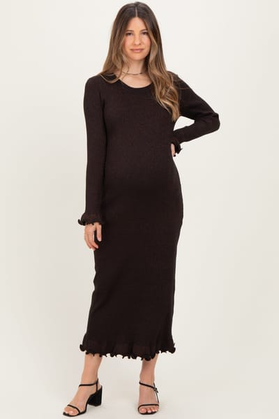 ABLE Black Shimmer Lettuce Edge Maternity Midi Dress