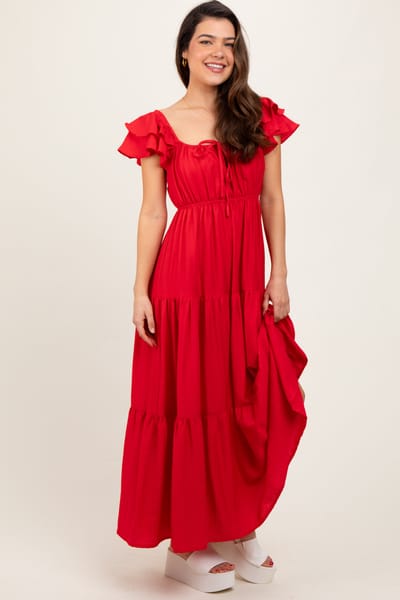Flying Tomato Red Layered Flutter Sleeve Tiered Maxi Dress