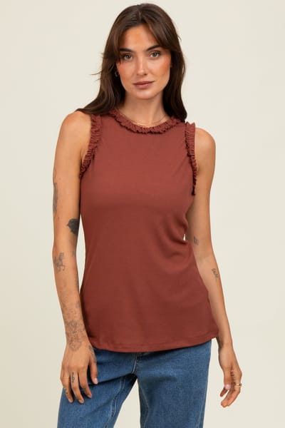 Doe & Rae Dark Rust Rib Knit Ruffle Trim Sleeveless Top